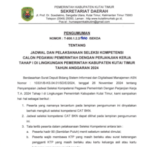 JADWAL Seleksi tenaga PPPK Kutim yang akan digelar pada Selasa (3/12/2024) mendatang di gedung CAT BKPSDM Kutim.